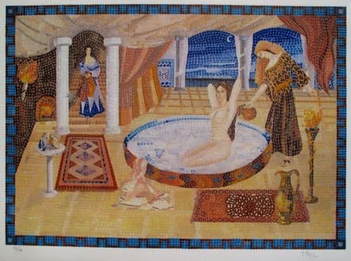 Leos Coffers Art by Irel Cleopatra’s Milk Bath Hand Signed Limited Edition Etching. After The Original Painting or Drawing. Paper 22 Inches X 28-1/2 Inches