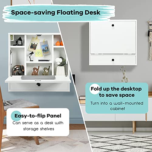 Tangkula Wall Mounted Desk, Pneumatic Floating Desk Wall Mount Laptop Desk With Magnetic Foldable Tabletop, Space Saving Wall Mounted Table Wall Desk With Storage Drawer And Shelves (White) #TOP7