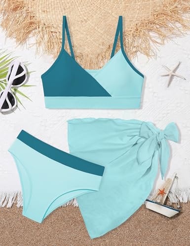 Image of Girls Swimsuit V Neck Bikini Set Color Block with Cover Up 3Pcs Bathing Suits