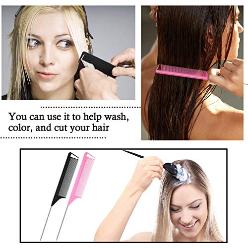 12 Pieces Parting Comb For Braids, Rat Tail Comb Pintail Comb Teasing Combs With Stainless Steel Pintail For Hair Styling Hairdressing (Black, Pink) #TOP4