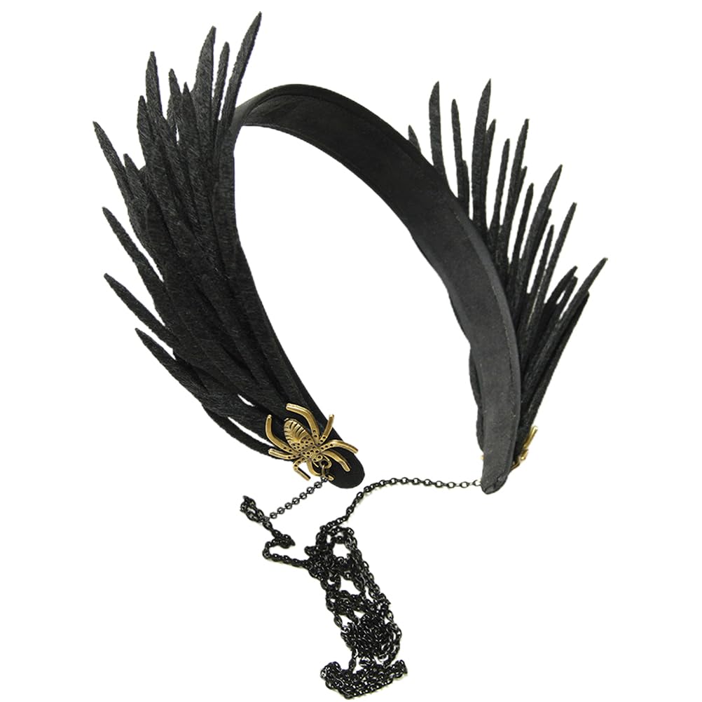 "A gothic headpiece with spider decorations and feather headbands, suitable for Halloween cosplay and hair accessories, featuring unique design, excellent materials, great fit, and affordable price."