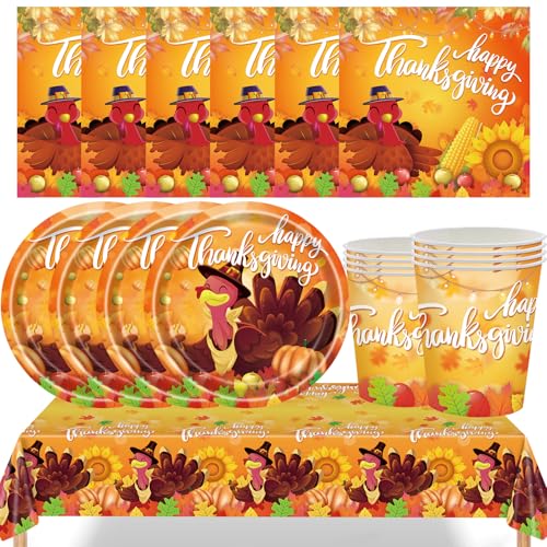 MOMAHUA 53 Pcs Thanksgiving Day Party Tableware Set for 16 Guests, Pumpkin Turkey Dinnerware Set with Plastic Tablecloth, Paper Plates Napkins Cups for Thanksgiving Harvest Festival Party Table Decor