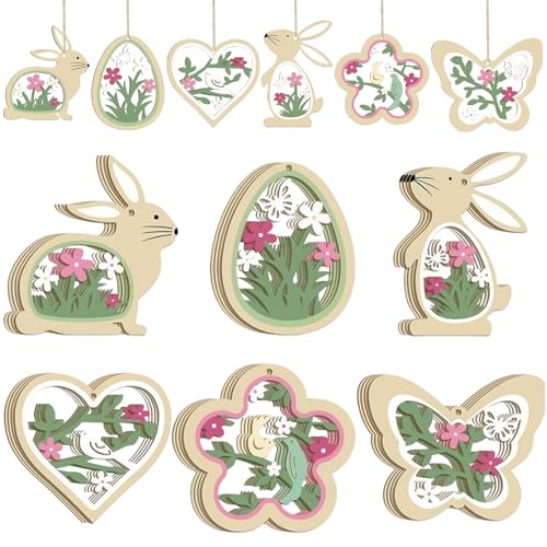 XoeLLe 24 Pièces Decoration Paques en Bois Extérieur avec Une Corde de Chanvre Oeufs Lapin Table pour Fête de Printemps Decoration Paques Papillons, Fleurs...