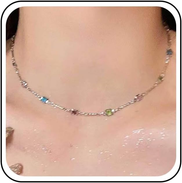 Vintage Colorful Square Choker Necklace Gold Tiny Rainbow Necklace Small Cz Crystal Bead Necklace Multi Color Rhinestone Collar Necklace Chain Necklace Jewelry for Women