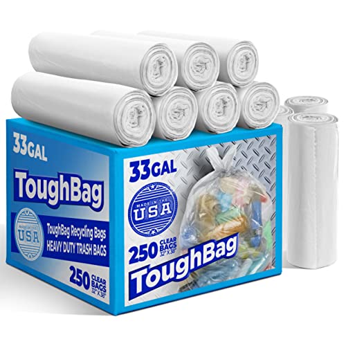 ToughBag 30-33 Gallon Clear Trash Bags Heavy Duty Clear Trash Bags (250 COUNT) - Clear Garbage Bags 30+ Gallon 32 Gallon Clear Plastic Trash Bags Clear Recycling Bags - Made in USA