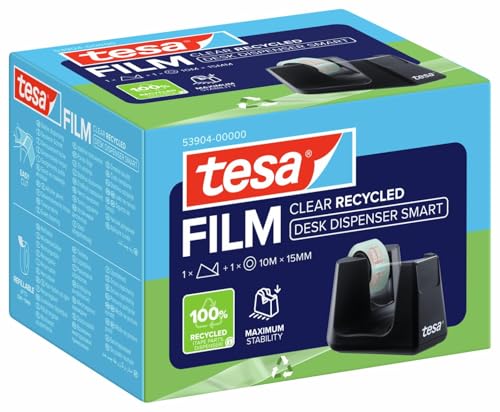tesa DESK DISPENSER SMART RECYCLED Klebebandabroller für Tische/Kompakter Tischabroller mit Anti-Rutsch-Technologie für Klebefilm, inkl 1 Rolle film CLEAR RECYCLED 10m x 15mm