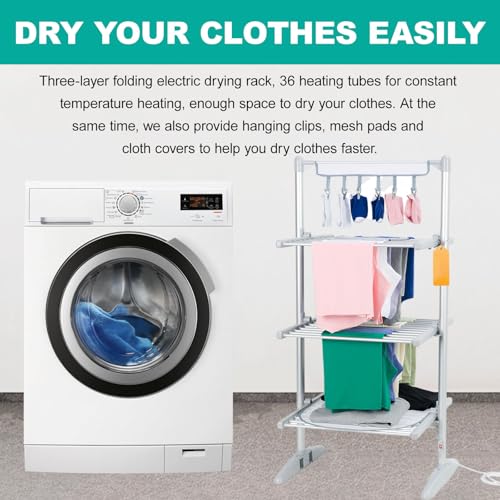 pealiritansemen Indoor Heated Clothes Airer, 3-Tier Electric Heated Clothes Airer Dryer, With Fabric Cover, Mesh Pad & Hanging Clip, For Drying Towels, Underwear, Pillowcases - Image 5