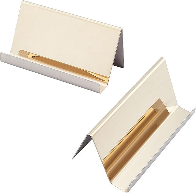 NBEADS 2 Pcs Stainless Steel Business Card Holder, Light Gold Professional Name Card Holder Desktop Card Display Stand Metal Business Cards Rack Organizer for Home Office Desk