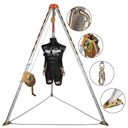 Kseibi 423990 Aluminum Confined Space Tripod Kit Manhole Entry And Rescue Equipment Set With 65' Winch, Pulley, Carabiner, Fall Protection Safety Harness And Carrying Storage Bag #TOP1