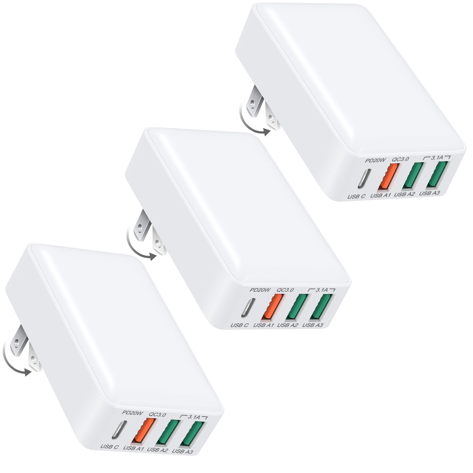 Flat USB C Charger Block, OKRAY 3-Pack 40W 4-Port Fast Charging Blocks Foldable Wall Plug, QC&PD3.0 Multiport Travel Power Adapter Type C Phone Charger for iPhone 16 15 14 13 12 Pro, GalaxyS25 S24 A35