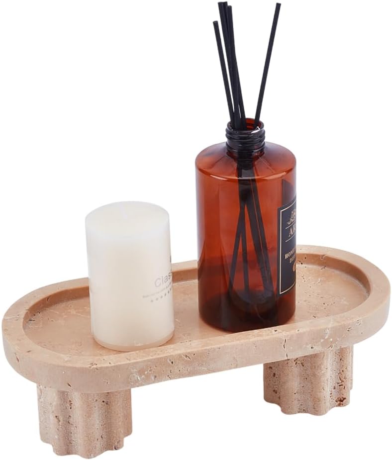 UNICRAFTALE Natural Travertine Tray Marble Jewely Display Tray with Double-Leg Oval Vanity Decorative Organizer Holder for Perfume Candles Jewelry Dish Inner Diameter 8.74x3.62 inch