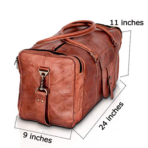Komal's Passion Leather Leather Duffel Bag Large 24 Inch Square Duffel Travel Gym Sports Overnight Weekender Leather Bag for Men and Women