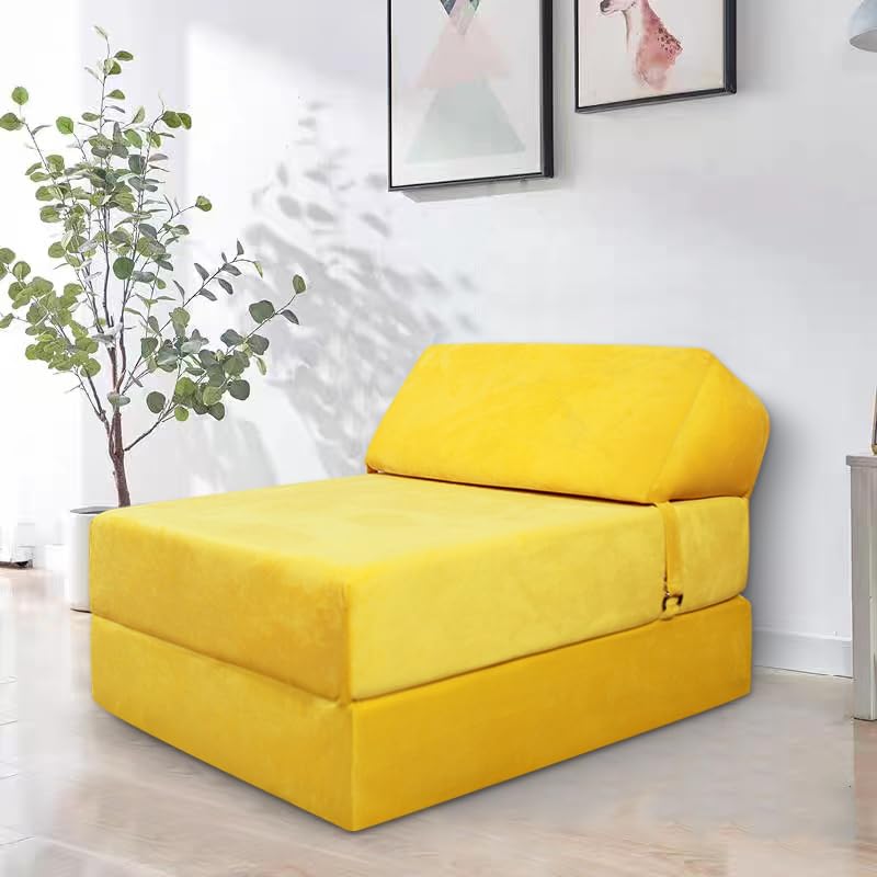 Panana Foldable Bed Single Guest Bed Cube Foam Futon Mattress Sofa Bed Sleeper Sofa Chair Z Bed (Yellow, Single)