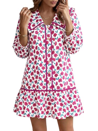 Image of Wenrine Womens Casual Shirt Dresses 3 /4 Long Sleeve Floral Button Down Flowy Babydoll Fall Mini Dress