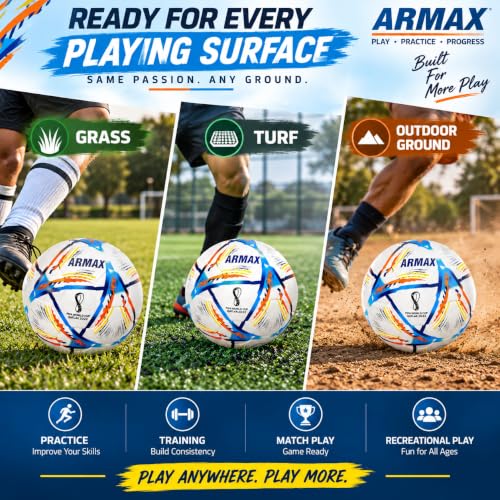 Image of Qatar Football Practise Foot Ball Training Match Football Size 5 Original for All Ages Group Rubber Moulded Standard Sports Foot Ball for Ground, Grass, Turf, Outdoor Waterproof