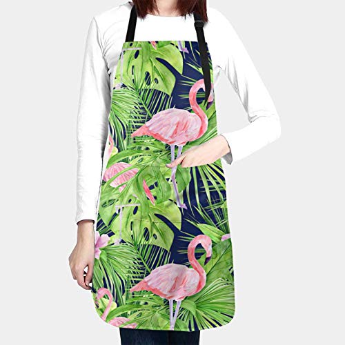 N Nebont Tropical Leaves Pink Flamingo Cooking Chef Apron With 2 Pocket Adjustable Bib Waterproof Kitchen Apron Cosplay Apron #TOP2