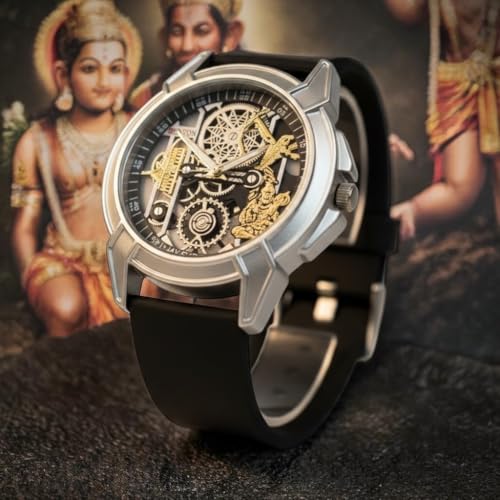 Image of Shree Ram Skeleton Watch, Ayodhya Mandir Theme, Mechanical Look Quartz, Stainless Steel Metal Bracelet, Round Dial with Deity Engraving for Man and Boyes