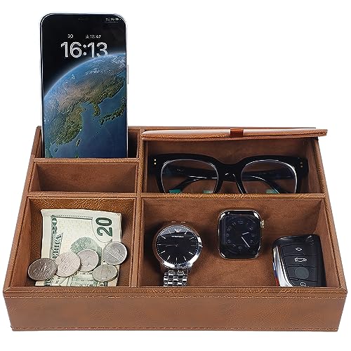 Zcaukya Mens Valet Tray Jewelry Box Nightstand Organizer with 5 Compartments for Phone Keys Wallet Watch Glasses Faux Leather Dresser Entryway Catchall Holder for Fathers Day Gift (Brown)