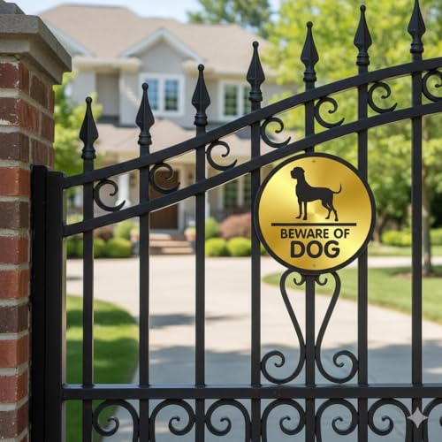 Image of Premium Brushed Golden Black Round Acrylic Beware of Dog Door Sign Easy to Mount Self-Adhesive Tape 5.8 Inch Signage for Home Resort Hotel Office Corporate Society Hospital Business