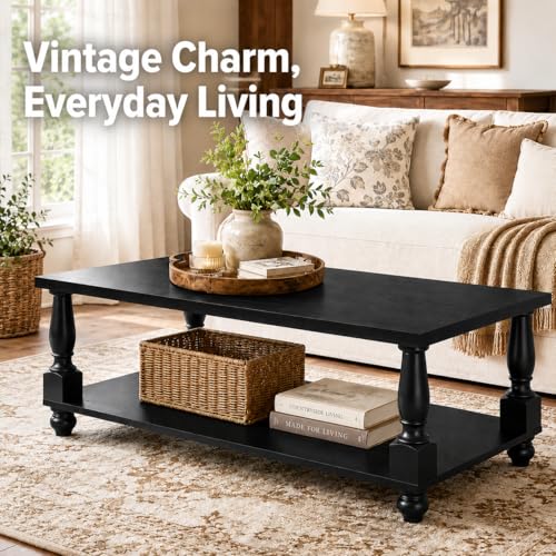 Image of Homieasy 47 inch Farmhouse Coffee Table with Storage, Rectangular Wood Center Table with Solid Wood Turned Legs & Thickened Top, 2-Tier Cocktail Sofa Table for Living Room, Black