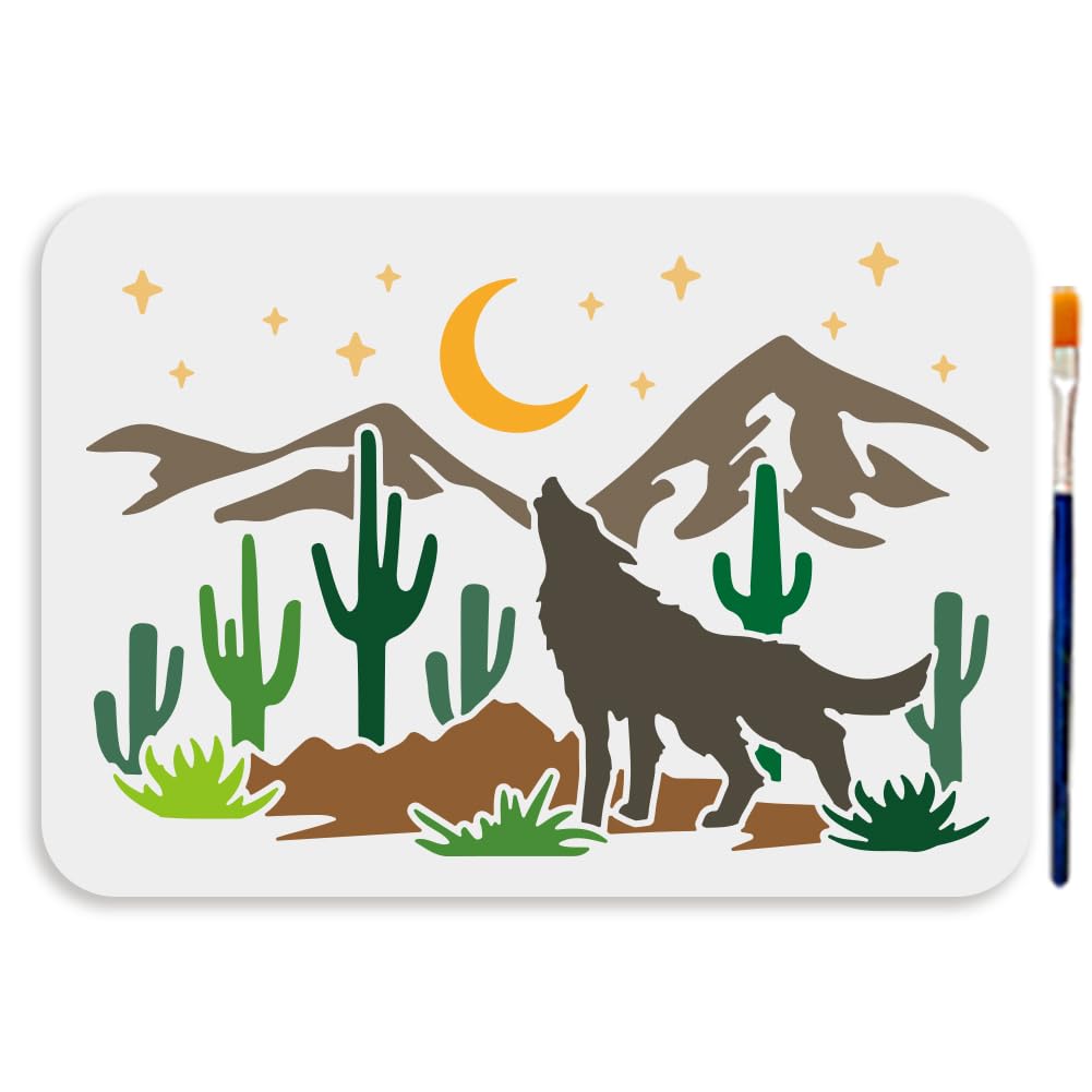 MAYJOYDIY A4 Size Wolf Desert Stencil Howling Wolf Animal Template 29.7x21cm Reusable Desert Cactus Painting Template Desert Night Scene Stencil for Painting on Wood Wall Fabric Home Decor