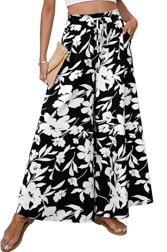 SimpleFun Women's Palazzo Pants Boho Floral Wide Leg Trousers Summer Beach High Waisted Flowy Pants with Pockets