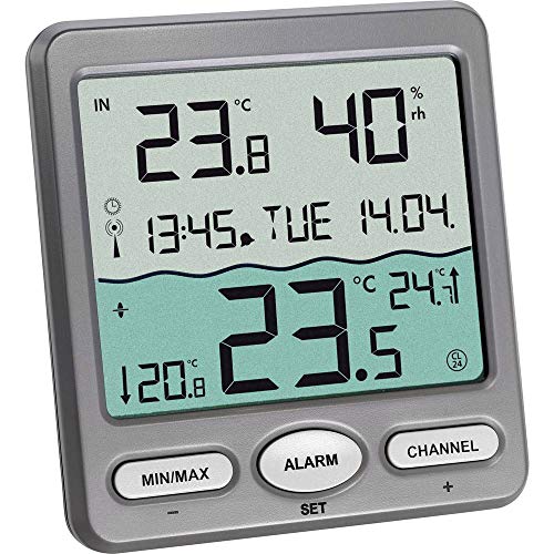 TFA Dostmann Venice Poolthermometer, 30.3056.10, zur Überwachung der Wassertemperatur in Pool, Teich oder Whirlpool, Digitales Funk-Poolthermometer, Grau, L 116 x B 24 (65) x H 126 mm