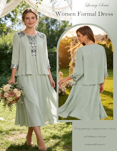 Image of GRACE KARIN Formal Wedding Guest Dress Sequin Mother of The Bride Dresses | Two Piece,3 /4 Sleeve,Tea Length,Crew Neck,Fit and Flare,Chiffon,Suitable for Spring /Summer /Fall /Winter /Cocktail /Party /Prom