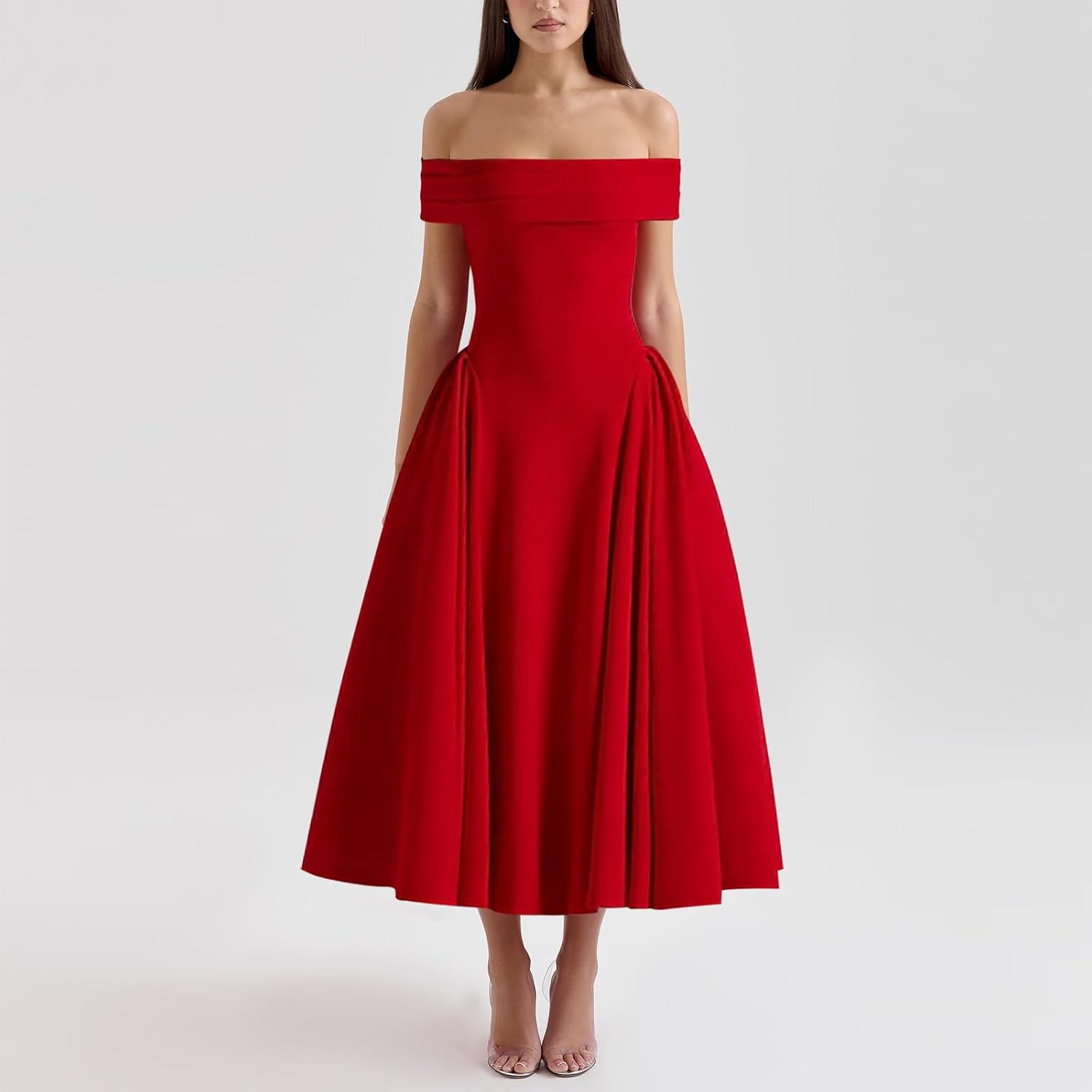 Women's Off Shoulder Fit and Flare Midi Dress-Sleeveless A Line Corset Club Party Wedding Guest Going Out Dresses - Image 2