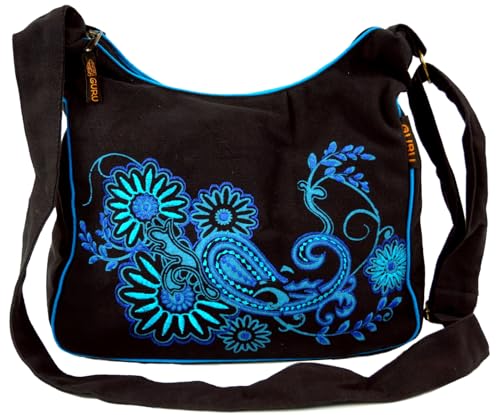GURU SHOP Bolso de Hombro, Bolso Hippie, Bolso goa - Negro/azul, Unisex - Adultos, Algodón, Tama�o:One Size, 23x28x12 cm, Bolsas de Hombro