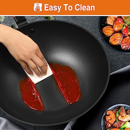 Anyfish Nonstick Wok 12.9 Inch Stir-Fry Wok Pan With Lid Pre-Seasoned Carbon Steel Wok With Silicone Spatula No Chemical Coating Chinese Wok Flat Bottom For Induction, Coil Top, Electric, Gas Stove #TOP4