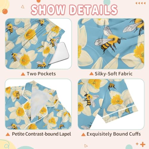 Daffodils Flower Bee Elegant Summer Pajamas Set Soft Satin Pjs Sets 2 Piece Short Sleeve Sleepwear Casual Clothes3