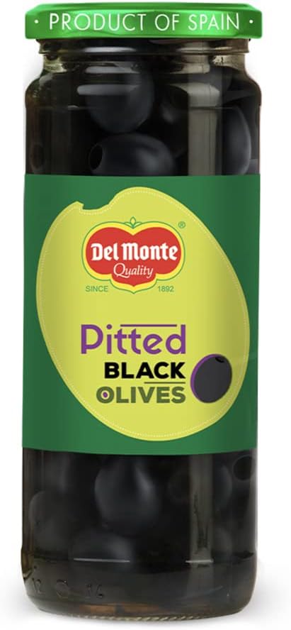 Del Monte Black Pitted Olives 450g l Select QualityOlives Imported from Spain | Italian cuisine ingredient | Low Fat Ready-to-Eat Healthy Snack l 100% Natural | Suitable for Pizza, Pasta Topping, Garnishing Salad, Wraps | Source of Fibre, Gluten Free, No Added Preservatives