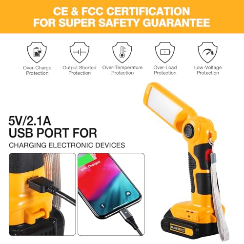 Image of YEX-BUR Led Work Light for Dewalt 20v Battery, 12W 1000LM Cordless Handheld Spotlight with USB Port LED Jobsite Light Desk Lamp Flashlight for Camping Workshop Garage