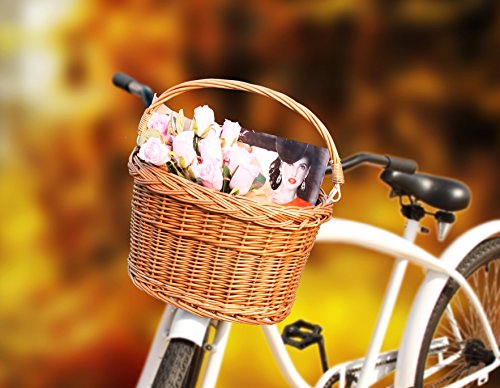 Colorbasket Adult Front Handlebar Wicker Bike Basket with Handle, 3 Velcro Straps