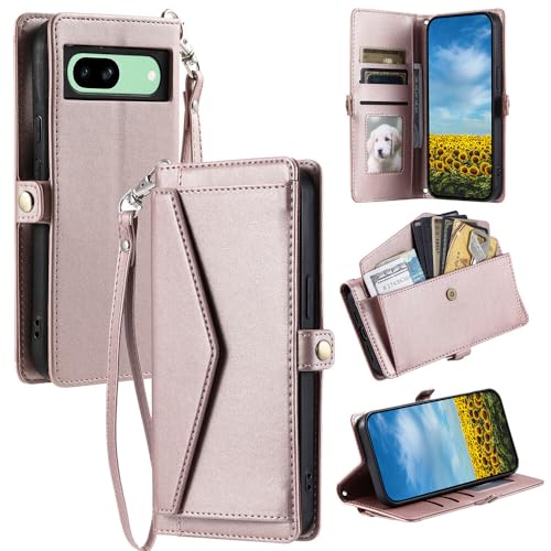 Étui en cuir Google Pixel 9 Pro XL portefeuille or rose sangle amovible