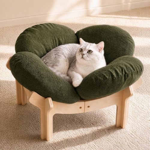 Elevated Flower Cat Bed Wooden Removable Cushion for Indoor…