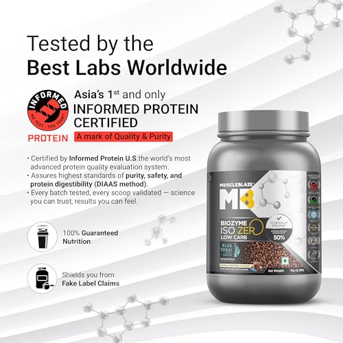 Image of MuscleBlaze Biozyme Iso-Zero Whey Protein Isolate Powder, 1kg (2.2lbs) | Blue Tokai Cafe Latte | 27g Whey Protein Per Scoop | USA Patent-Published Enhanced Absorption Formula (EAF)