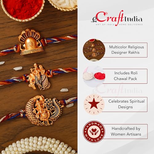 Image of eCraftIndia Set of 3 Rakhi Combo Hamper | Om Krishna Peacock Feather Lord Ganesha Silver Religious Designer Rakhis | Roli Chawal Pack