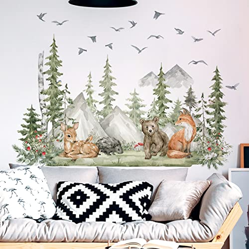 Image of 38 x 59 inch Giant Mountain Forest Tree Wall Decal Woodland Deer Bear Fox Birds Wall Stickers 3D DIY Peel and Stick Jungle Wild Animal Pine for Kids Boys Bedroom Playroom Living Room Classroom Nursery