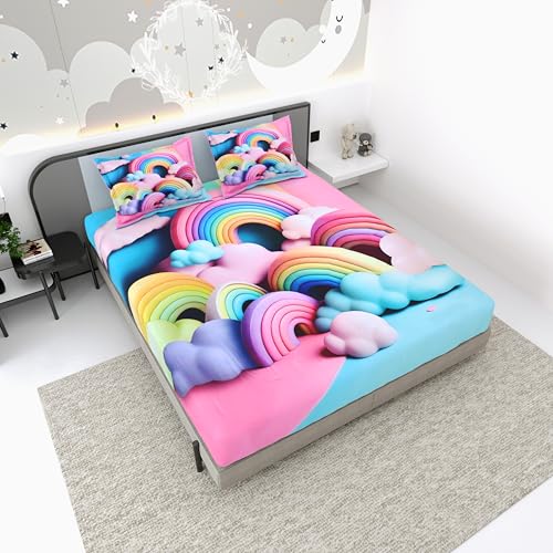 Image of Dream Weaverz 7D Bedsheet for Double Bed King Size with 2 Pillow Covers | Digital Printed & Fitted Elastic for Kids | Soft Glaze Cotton Feel | Fits Upto 12 Inch Mattress (Rainbow & Clouds)