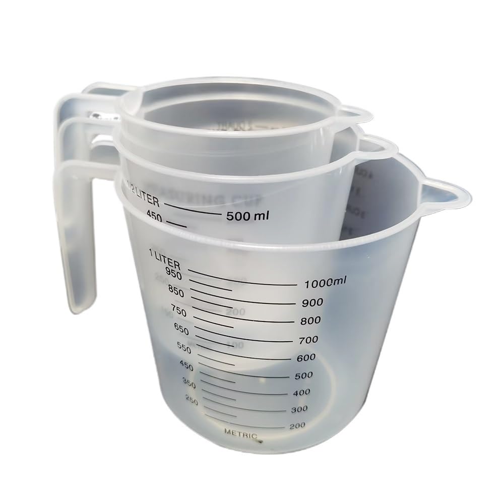 Juego de vasos medidores de plástico de 3 piezas, vaso graduado con tapa, vaso mezclador transparente for uso en cocina y laboratorio(3Pcs 1000ml)