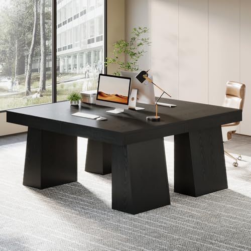 Image of Tribesigns 55-Inch Executive Desk, Thick Wood Office Computer Desk with Double Pedestal, Modern Minimalist Workstations Writing Table Conference Table Furniture for Home Office, Black