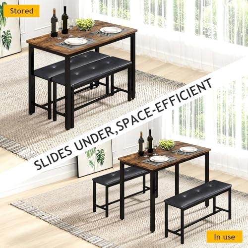 Rovibek Dining Room Table Bench Set for 4, Modern Space Saving Kitchen Table with with 2 Upholstered Benches & Adjustable Feet, Wooden Breakfast Table, 43", Brown