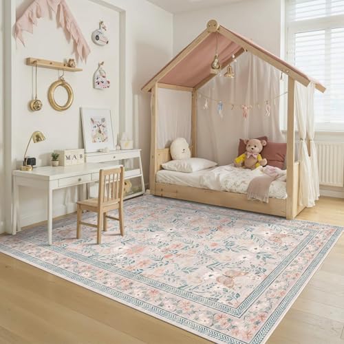 Rugxara Pink Floral 5x7 Washable Area Rug, Vintage Boho Non