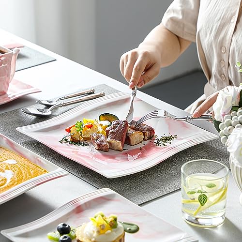 Image of MALACASA Dinnerware Sets, 30-Piece Pink Plates and Bowls Sets for 6, Porcelain Dinnerware Set with Plates and Bowls, Cups and Sacuers, Square Dish Set, Modern Dining Ware Set, Series Flora