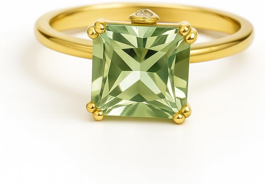 Green Amethyst Ring for Women – 14K Gold Plated Sterling Silver | Square Cut Prasiolite Gemstone Ring | Elegant Statement Jewelry Gift