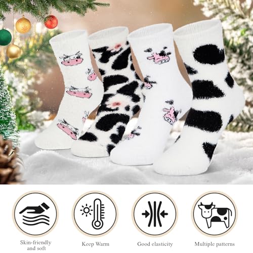 Foaincore 4 Pairs Fuzzy Cow Socks for Women Winter Cow Print Stuff Socks Cute Fluffy Cozy Funny Gifts for Women3