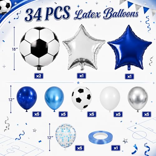 Image of Soccer Balloons, Metallic Blue Silver Balloons, Sport Theme Party Balloons