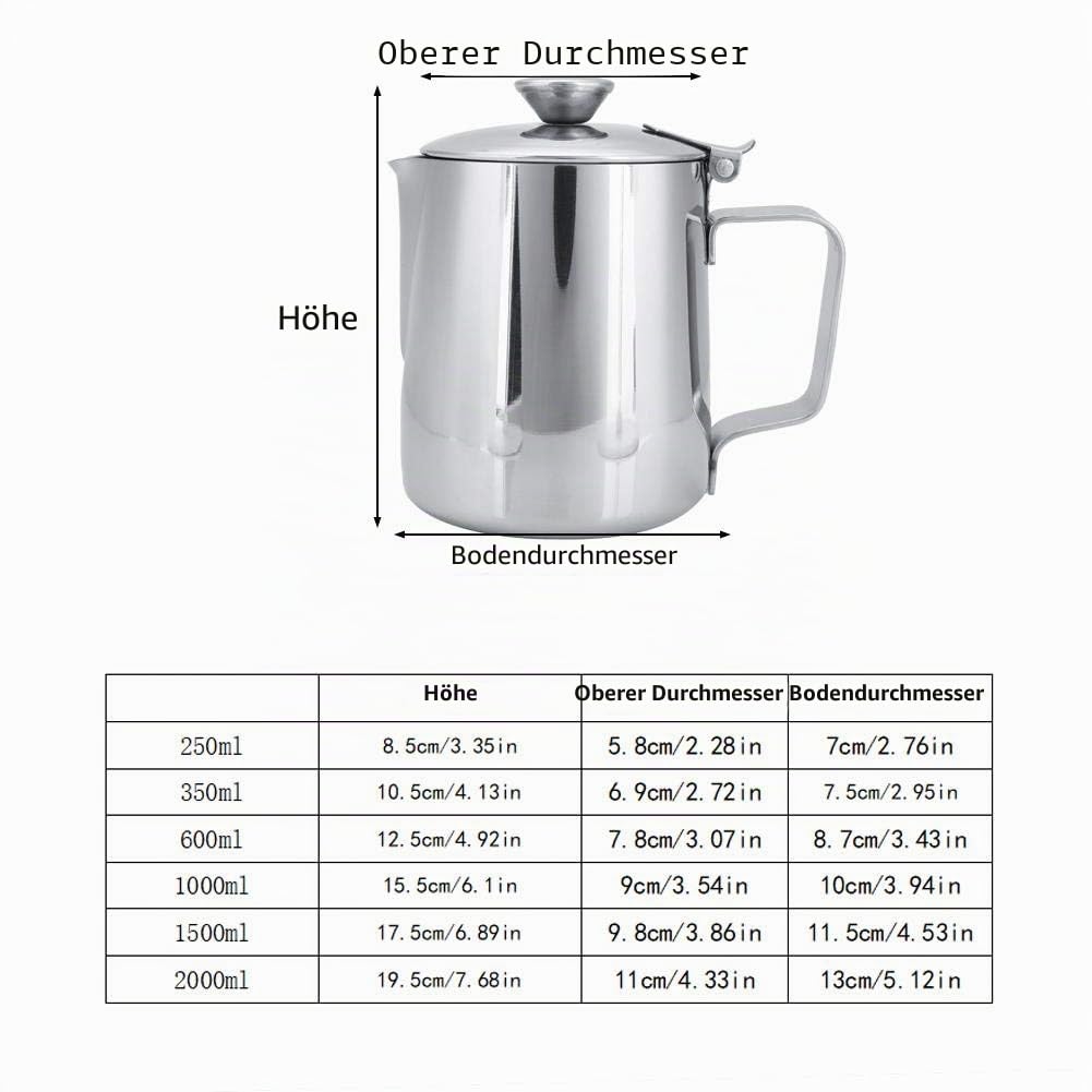 Nikou Milchkännchen Edelstahl 2000ml, Schaumbecher mit Deckel, Kaffeetasse Becher Milch Schaumkrug Handheld Becher Krug Milchaufschäumer für Barista Latte Coffee Art (Silber)